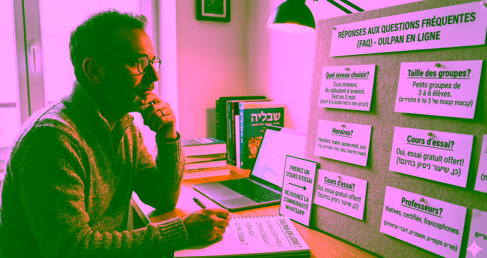 Élève prenant des notes devant un tableau de questions-réponses sur l'oulpan en ligne